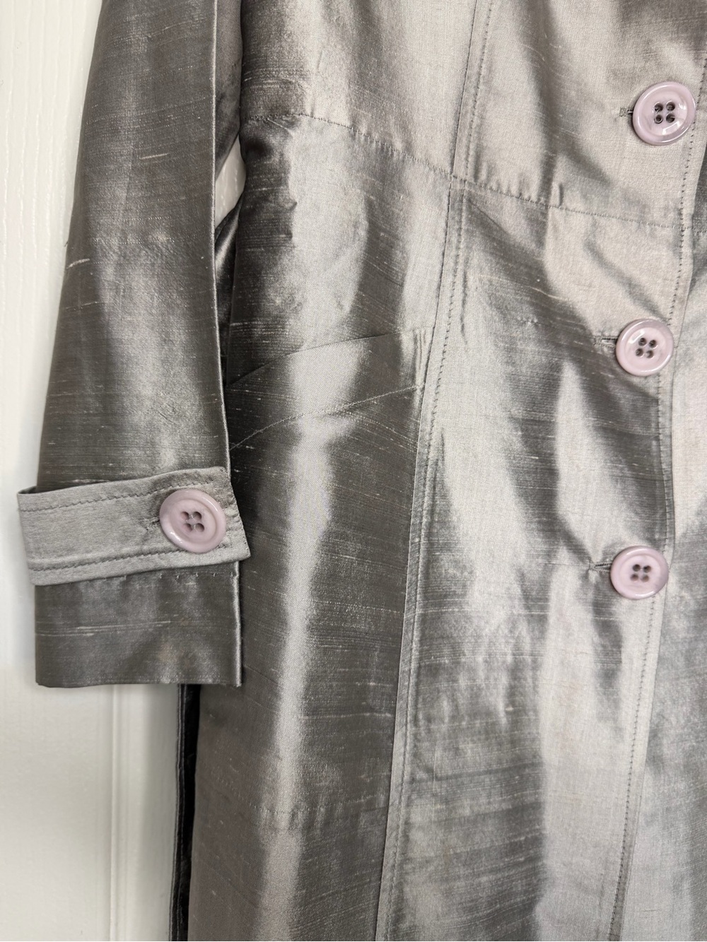 Vintage Silk Dupioni Belted Trench Coat Sz L Silver Taupe Shimmer Made in USA - Picture 4 of 10